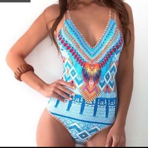 AZTEC PRINT ONE PIECE V NECK BATHING SUIT SIZE XL